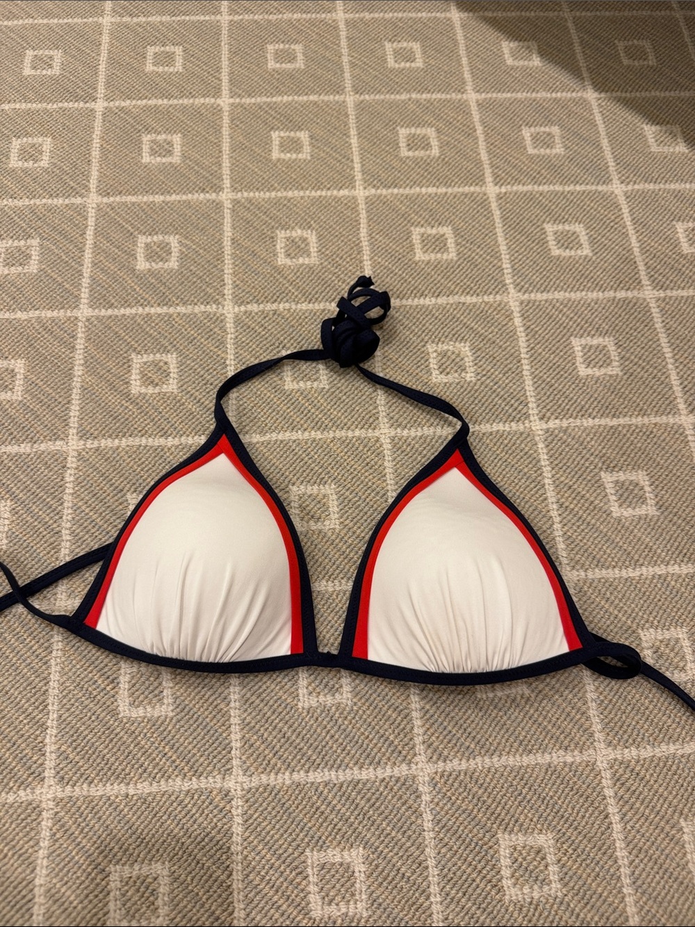 H&M White Triangle Bikini Top with Navy Straps and Red Trim